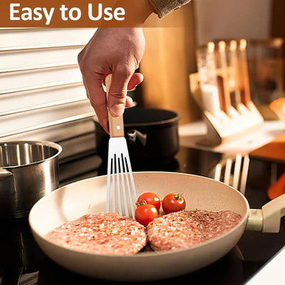1PC Stainless Steel Fish Frying Shovel with Wooden Handle Fan-shaped Shovel Household High-temperature Frying Shovel