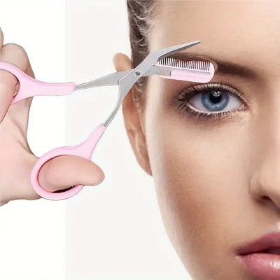 Pink eyebrow trimming scissors with built-in comb - stainless steel, precise grooming tool, creating perfect eyebrows