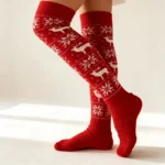 Christmas Snowflake Reindeer Knit High Socks - Image 11