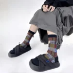 Retro Color Block Checkered Cotton Socks - Image 5