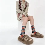Retro Color Block Checkered Cotton Socks - Image 3